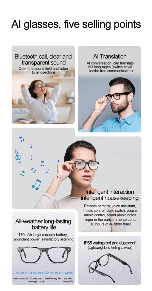 2025 W100 Smart Glass Multilingual Real-time AI Translation Chat GPT Sport Sunglass Business Anti Blue Light BT Call AI Glasses - Image 8