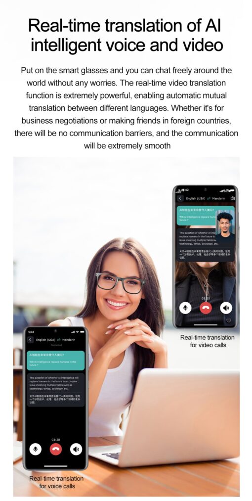 2025 W100 Smart Glass Multilingual Real-time AI Translation Chat GPT Sport Sunglass Business Anti Blue Light BT Call AI Glasses - Image 7