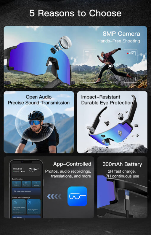 M14 AI Smart Glasses Sports Camera 8MP Video Recording Camera Open Headphones Audio AI Voice Cycling Sunglasses BT Call 4GB - Image 4